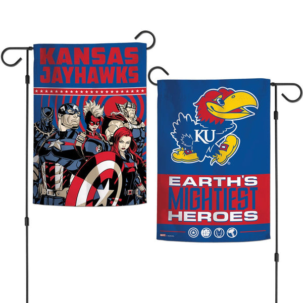 Kansas Jayhawks / Marvel (c) 2021 MARVEL Garden Flags 2 sided 12.5" x 18"
