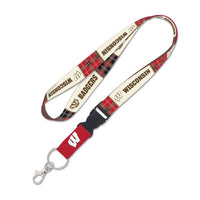 Wholesale-Wisconsin Badgers Plaid Lanyard w/detachable buckle 1"