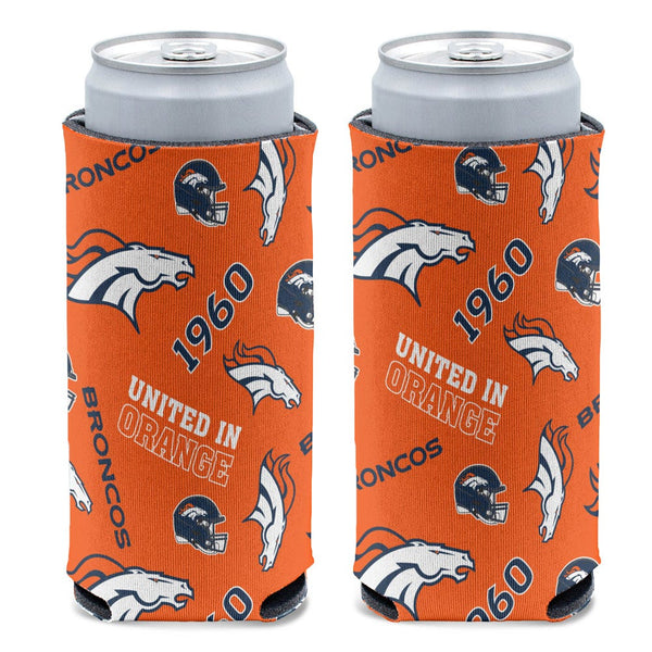 Denver Broncos Scatter Print 12 oz Slim Can Cooler