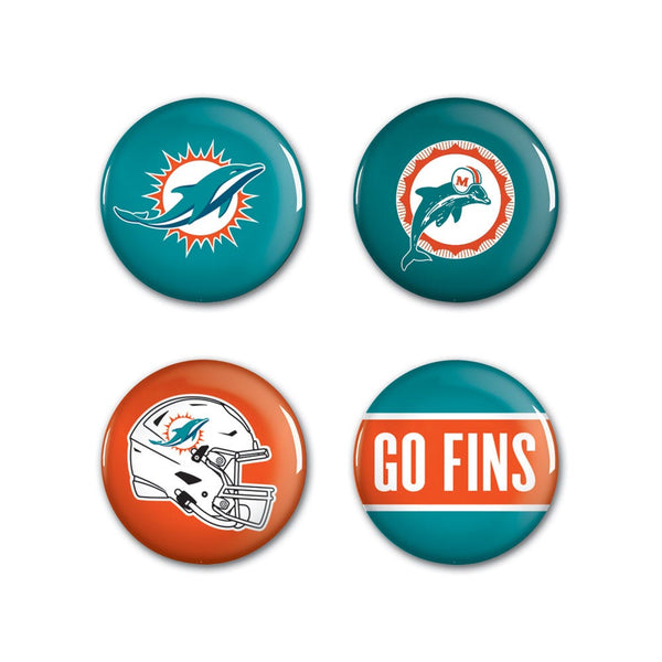 Miami Dolphins PRIMARY, CLASSIC, HELMET, SLOGAN Button 4 Pack 1 1/4" Rnd